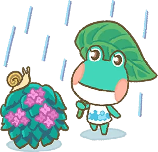 ☔ rana, animal, lindo, dibujos animados, caracol, lluvia, hoja, arbusto whatsapp sticker