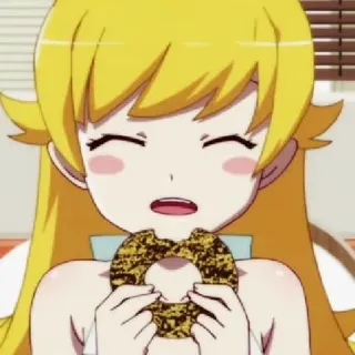 🧿 Shinobu Oshino Monogatari Anime, Charakter, Donut, Essen, Gelbe Haare, Süß, Lächelnd telegram sticker
