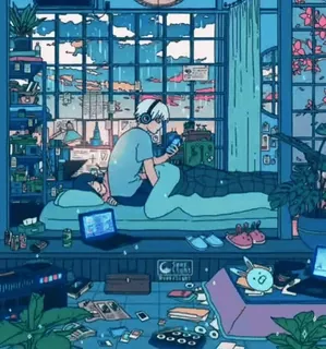 🦋 chill, relaxar, quarto, janela, estilo anime, calmo, pacífico, interior telegram sticker
