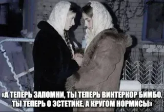 🌟 «А ТЕПЕРЬ ЗАПОМНИ, ТЫ ТЕПЕРЬ ВИНТЕРКОР БИМБО,
ТЫ ТЕПЕРЬ О ЭСТЕТИКЕ, А КРУГОМ НОРМИСЫ» telegram sticker
