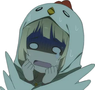 😨 Anime, Personaggio, Piangendo, Spaventato, Costume da pollo telegram sticker