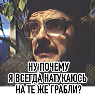 😔 НУ ПОЧЕМУ Я ВСЕГДА НАТУКАЮСЬ НА ТЕ ЖЕ ГРАБЛИ? 러시아어, 유머, 밈, 질문 telegram sticker