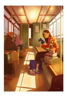🚃 женщина, чтение, книга, поезд, транспорт, городская жизнь, поездки на работу, в помещении telegram sticker