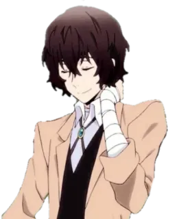 😊 Osamu Dazai Bungou Stray Dogs anime, curativos, cabelo castanho, suicida, sorrindo telegram sticker