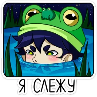 😑 Я СЛЕЖУ 动漫, 青蛙, 观看, 湖, 可爱, 俄文 whatsapp sticker