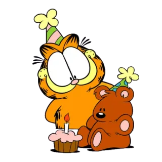 🧁 Garfield cat, orange, cartoon, birthday, party, bear, cake whatsapp sticker