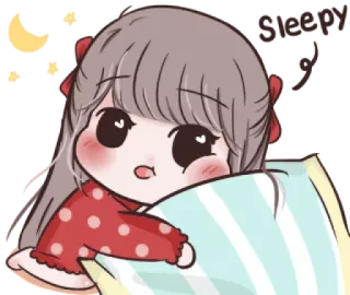 😪 Sleepy ง่วง, เด็กผู้หญิง, พระจันทร์, ดาว, หมอน, น่ารัก, การ์ตูน telegram sticker