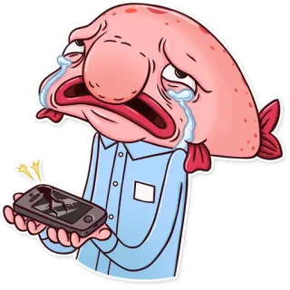 📱 poisson-blob, triste, téléphone cassé, dessin animé, pleurs, sticker, poisson telegram sticker