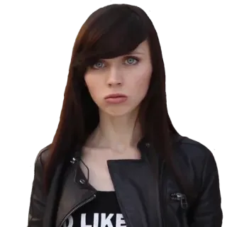 😔 LIKE woman, portrait, person, face, leather jacket, emo telegram sticker