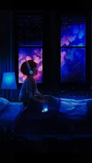 💔 nuit, chambre, fenêtre, écouteurs, étoiles, ciel telegram sticker