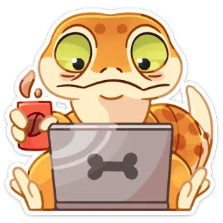 ☕ геккон, ящерица, мультфильм, животное, ноутбук, кофе telegram sticker