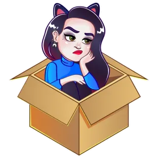 🤔 Cartoon, Mädchen, Kiste, Katzenohren, Sitzend, Gelangweilt whatsapp sticker