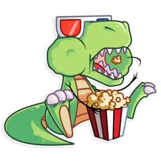🍿 dinossauro, trex, óculos 3D, pipoca, filme, desenho animado telegram sticker