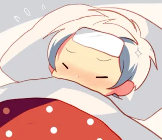 ☄ malade, animé, mignon, kawaii, fièvre, lit, couverture telegram sticker