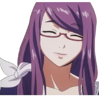😎 Touka Kirishima Tokyo Ghoul Anime, Femmina, Capelli viola, Occhiali, Personaggio, Sorridendo telegram sticker