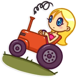 👩 Cartoon, Traktor, Mädchen, Fahren, Süß, Blond, Fahrzeug telegram sticker