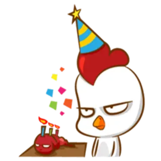 🎂 pollo, festa, compleanno, infastidito, cartone animato, celebrazione, coriandoli whatsapp sticker