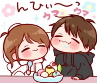 🏄‍♂ んひぃ〜うまうま mono, pareja, postre, comida, anime, kawaii whatsapp sticker