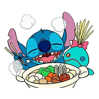 🍽 Stitch disney, lilo và stitch, phim hoạt hình, người ngoài hành tinh, đồ ăn, dễ thương telegram sticker