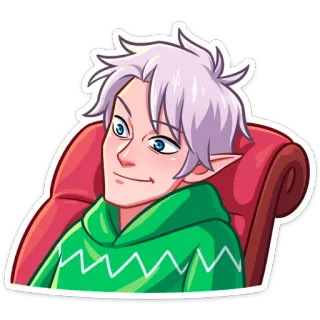 😞 elf, cartoon, groen, trui, stoel telegram sticker