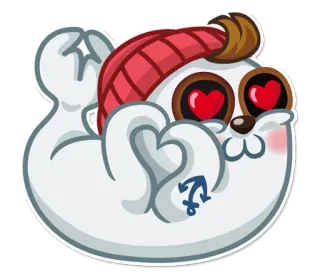 😍 anjing laut, cinta, kartun, hewan, imut, hati, topi merah, jangkar whatsapp sticker