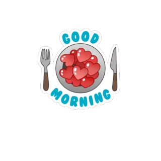 ❤ GOOD MORNING buenos días, corazones, desayuno, tenedor, cuchillo, amor, plato telegram sticker