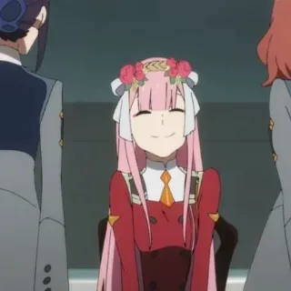 🥡 Zero Two Darling in the Franxx anime, Zero Two, Darling in the Franxx, pink hair, flower crown, cute, smiling telegram sticker