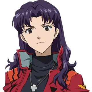 😠 Misato Katsuragi Neon Genesis Evangelion anime, misato katsuragi, evangelion, character, woman, purple hair, necklace telegram sticker