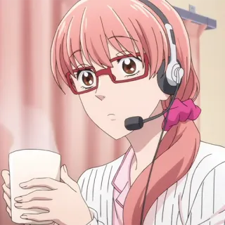 🎀 Anime, Garota, Óculos, Fone de ouvido, Café, Fofa, Cabelo rosa telegram sticker