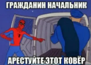 👮 Spider-Man ГРАЖДАНИН НАЧАЛЬНИК
АРЕСТУЙТЕ ЭТОТ КОВЁР Meme, Spider-Man, lustig, russisch, Citizen Chief, Verhaftet diesen Teppich telegram sticker