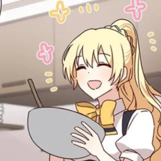 🥡 Anime, Desenho animado, Garota, Cozinha, Alegre, Feliz, Loira telegram sticker