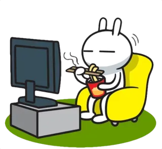 😋 conejo, comiendo, televisión, sofá, fideos, dibujos animados telegram sticker