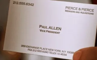 📇 Paul Allen 212.555.6342
PIERCE & PIERCE
MERGERS AND AQUISITIONS
PAUL ALLEN
VICE PRESIDENT
358 EXCHANGE PLACE NEW YORK, NY 10099
FAX 212 555 6390 TELEX 10 4534 Visitenkarte, Paul Allen, Pierce & Pierce, New York whatsapp sticker
