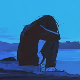 😞 triste, depresso, solo, solo, silhouette, blu, oceano telegram sticker