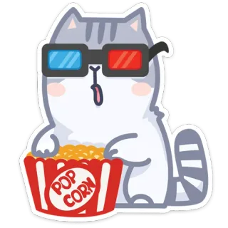 🍿 POP CORN gato, pipoca, filme, óculos 3D, lanche, fofo, desenho animado, cinema whatsapp sticker