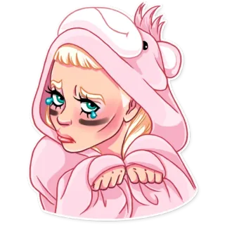 🥺 triste, pleurs, fille, dessin animé, rose, sweat à capuche, larmes, émotionnel telegram sticker