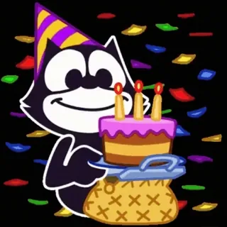🖤 Felix 고양이, 생일, 케이크, 축하, 파티, 색종이, 만화 telegram sticker