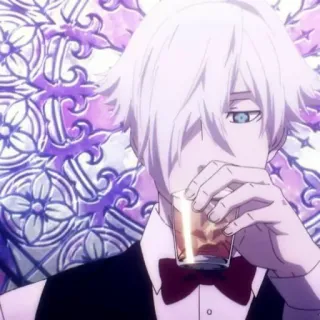 🥃 anime, white hair, male, drinking, bow tie telegram sticker