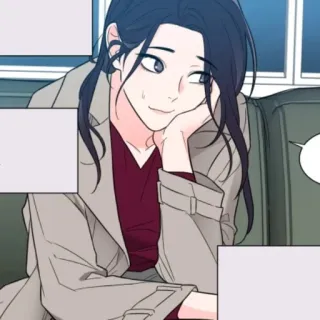🤔 femme, dessin animé, personnage, assis, manteau, portrait whatsapp sticker