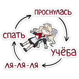 🫠 ПРОСНУЛАСЬ
СПАТЬ
УЧЁБА
ЛЯ-ЛЯ-ЛЯ cartoon, anime, student, schoolgirl, tired, cycle, wake up, sleep, study telegram sticker