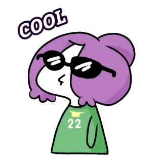 😎 COOL เท่, การ์ตูน, แว่นกันแดด, ตัวละคร, ผมสีม่วง, เสื้อสีเขียว, สติกเกอร์ telegram sticker