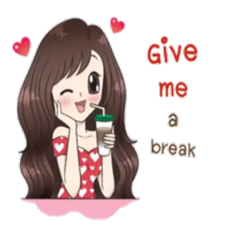😉 Give me a break dibujo animado, chica, bebida, kawaii, lindo, corazones, déjame en paz, café whatsapp sticker