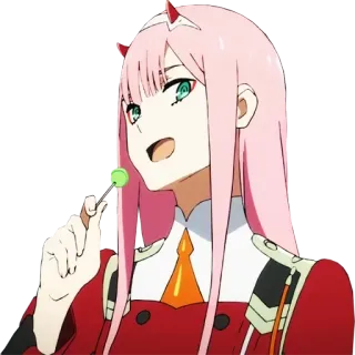 🍓 Zero Two Darling in the Franxx Anime, Zero Two, Darling in the Franxx, Charakter, rote Uniform, Lutscher, pinke Haare telegram sticker