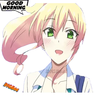 🛏 GOOD MORNING cô gái anime, chào buổi sáng, lời chào, dễ thương, tóc vàng, mắt xanh lá telegram sticker