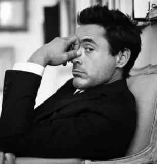 😐 Robert Downey Jr. Robert Downey Jr., ator, retrato, preto e branco, celebridade telegram sticker