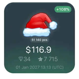 🎄 +108% 51 140 pcs $116.9 34 7715 01 Jan 2027 13:13 (UTC) 圣诞帽, 价格, 库存, 市场, 统计 telegram sticker