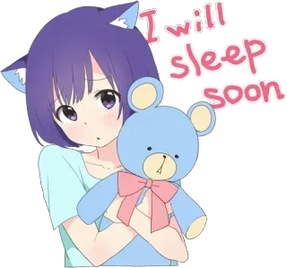 🌃 I will sleep soon. Anime, Desenho animado, Menina, Dormir, Urso de pelúcia, Fofo telegram sticker