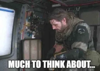 🤔 Solid Snake Metal Gear Solid MUCH TO THINK ABOUT... penseur, réflexion, soldat, jeu vidéo telegram sticker
