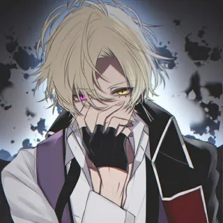 🌙 Anime, Personaggio, Capelli biondi, Eterocromia, Guanti, Maschio, Viola, Nero whatsapp sticker