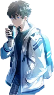 🖤 Animé, Garçon, Boire, Sac à dos, Décontracté, Sweat à capuche, Bleu, Art, Art numérique telegram sticker